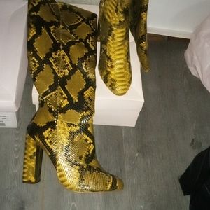 Yellow and black snake skin knee high boots size 7